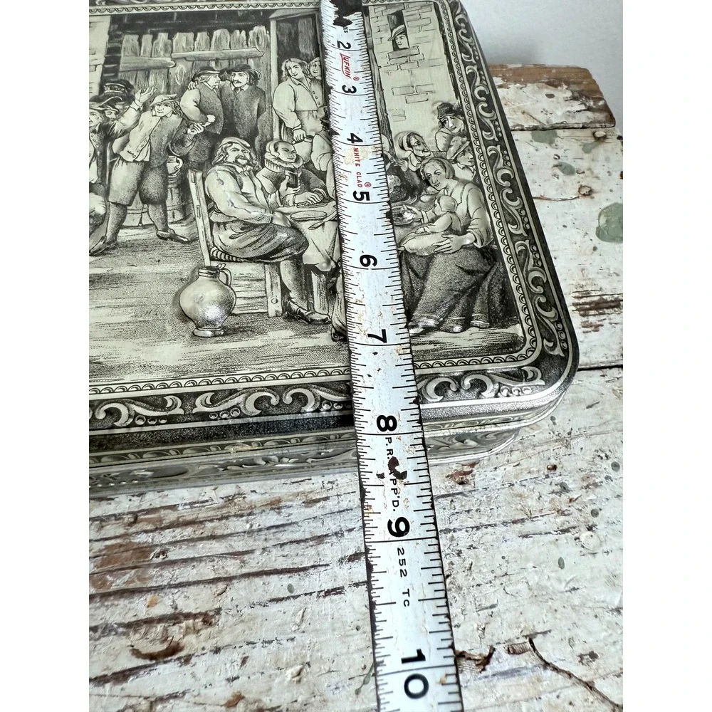 Vintage‎ Teniers 3D Embossed Belgium Tin – 1950s Silvertone Hinged Cookie Box